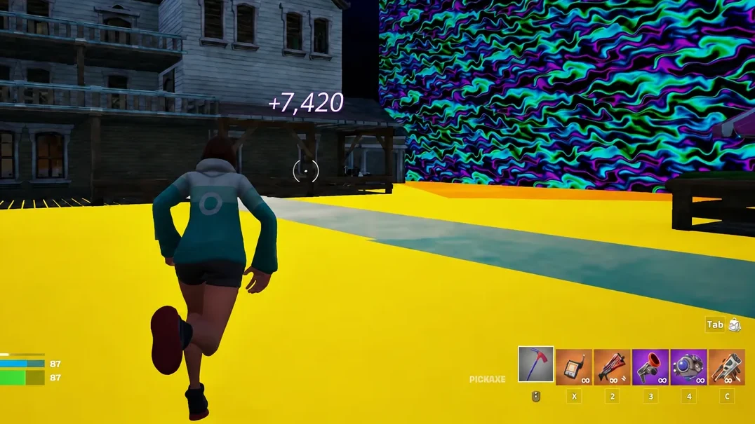 Running across the island toward the giant wheel with the pickaxe equipped