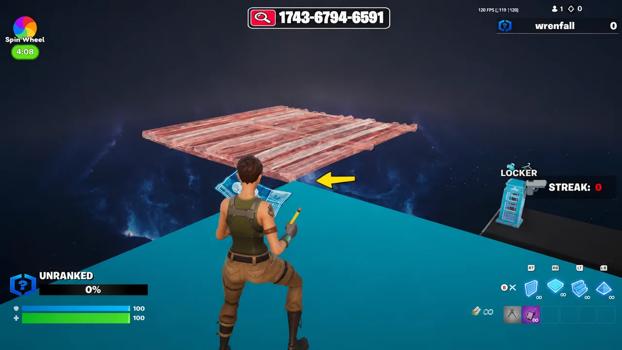 Yellow arrow pointing to a wooden floor build piece marking where to place the next platform