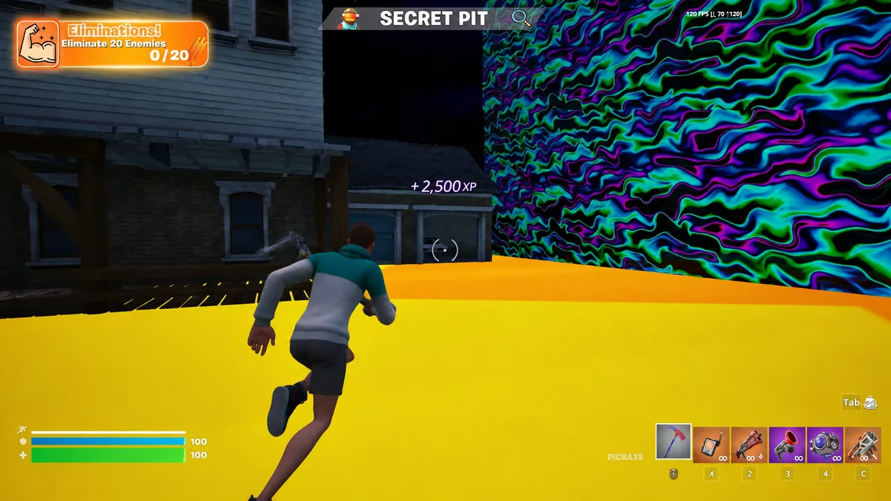 Secret Pit screen with the Eliminations quest panel showing 0/20 progress