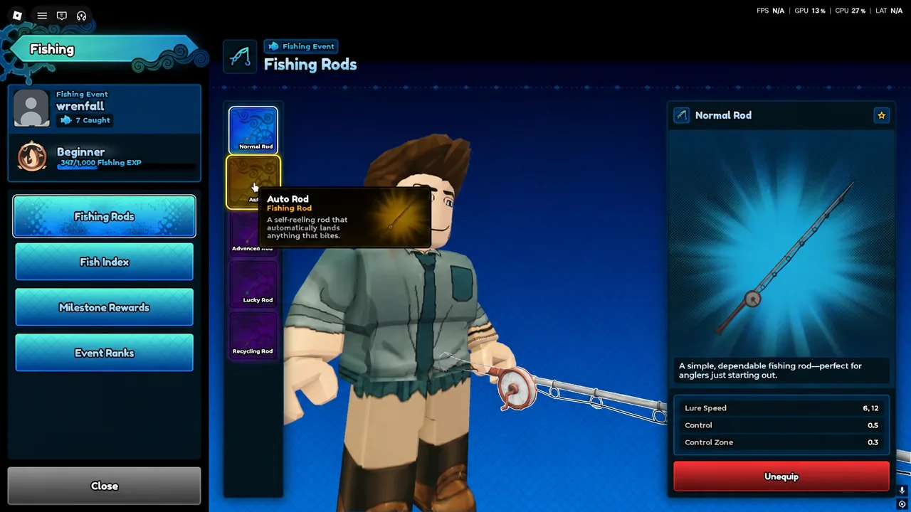 Fishing Rods menu with the Auto Rod selected and its unlock tooltip on screen