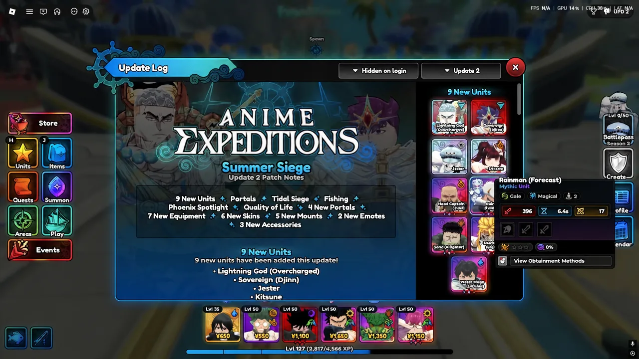 Update 2 patch notes screen with Rayman (Forecast) selected inside the nine new units list
