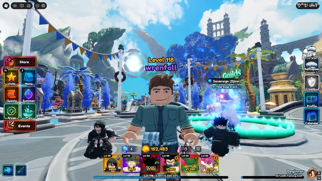 Wrenfall town hub with the Store button highlighted next to the player avatar