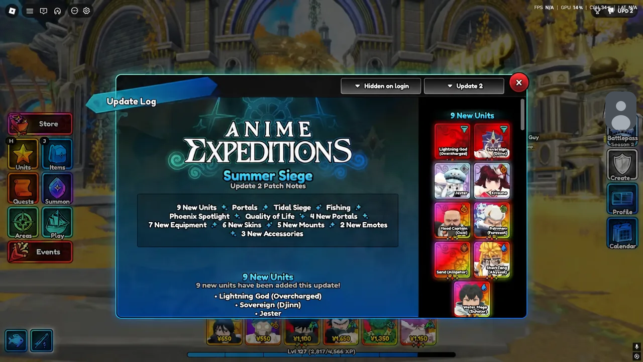 Update Log tab open on the Summer Siege Update 2 patch notes with the new unit list visible