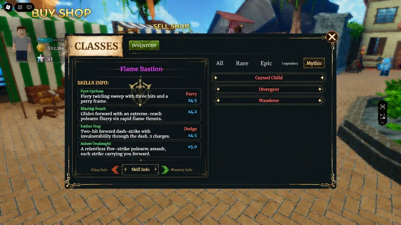 Classes menu open on the Skill Info tab showing Flame Bastion's skill list under the Mythic filter