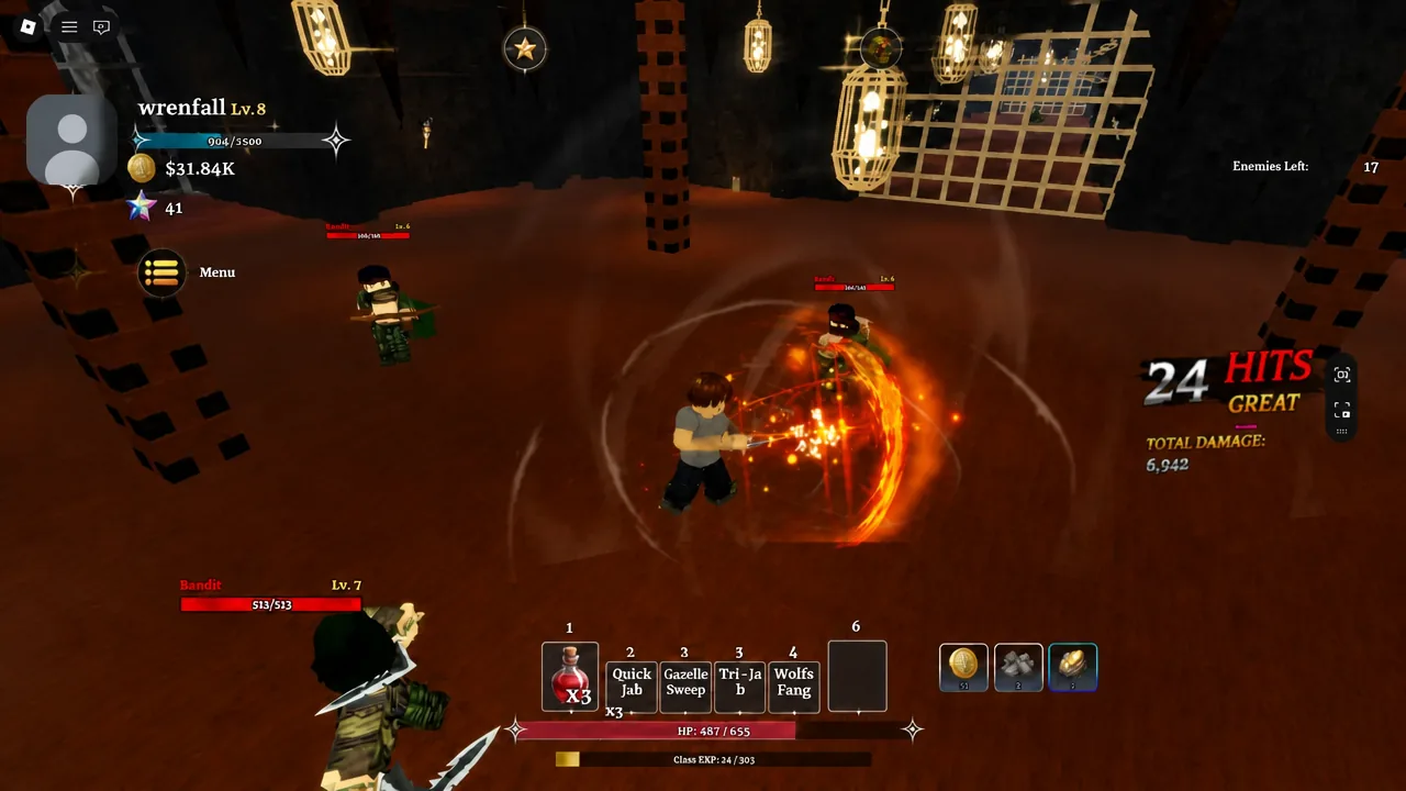 Player attacking a group of bandits mid-dungeon with a 24-hit combo counter on screen
