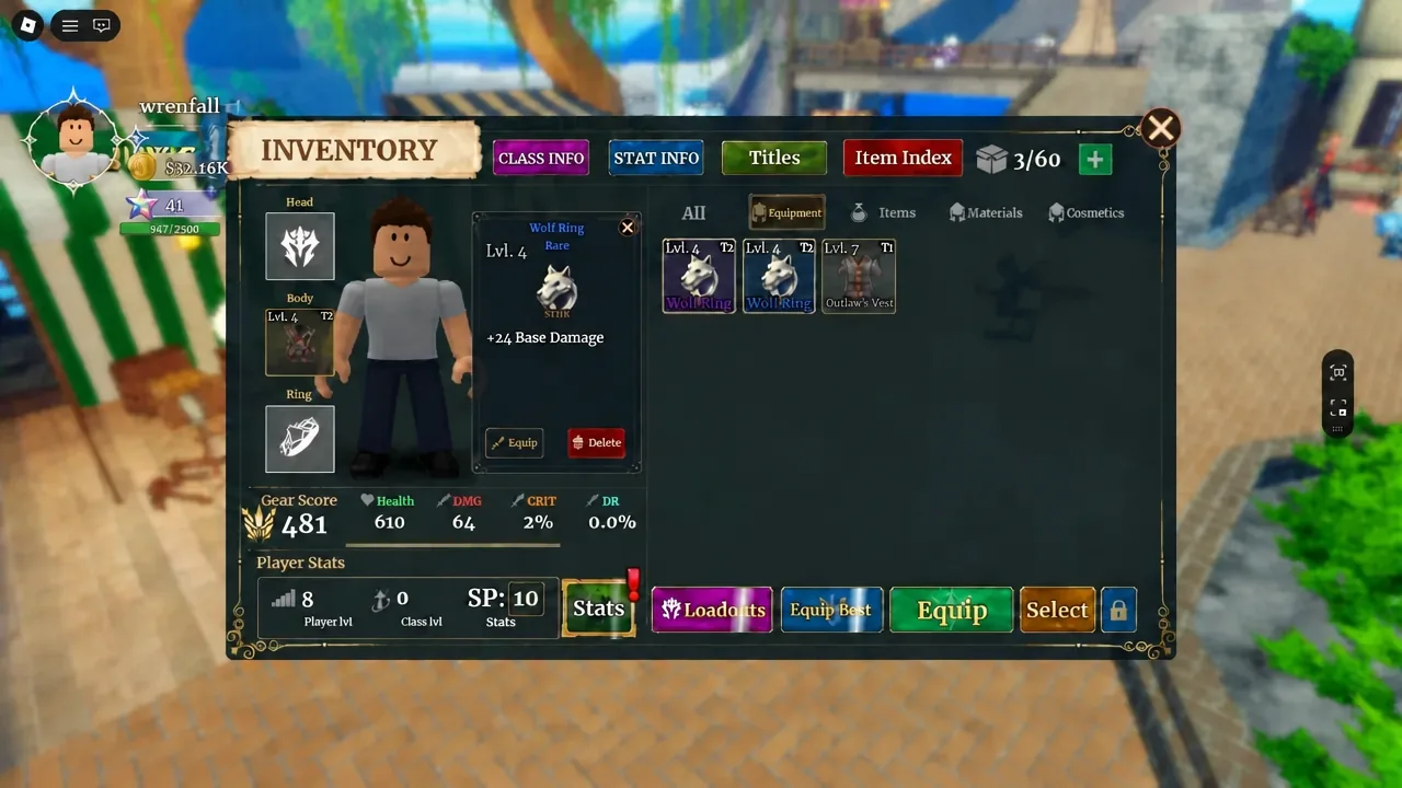Inventory screen with the Wolf Ring selected and the Equip button highlighted