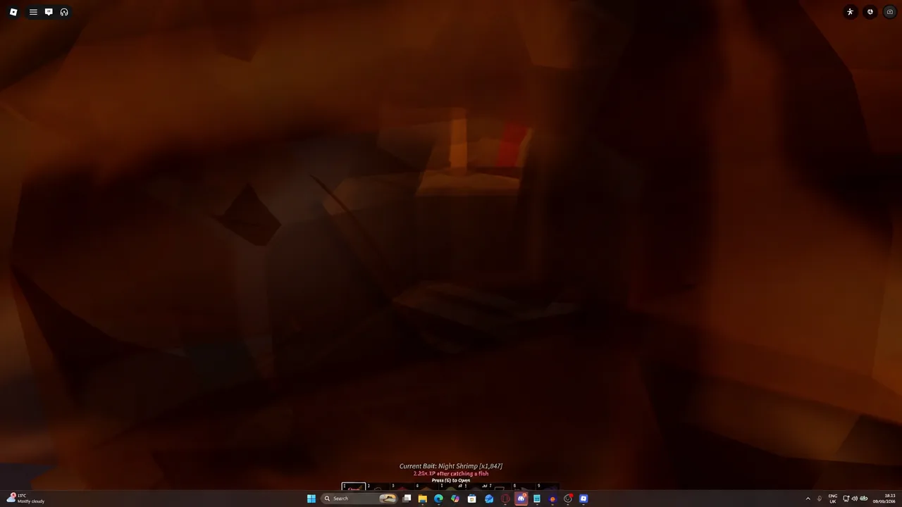 Fisch fishing HUD showing Current Bait: Night Shrimp and the prompt to press Q for bait options