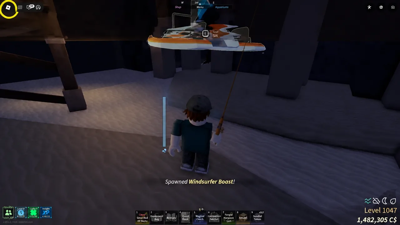 Windsurfer Boost floating at the dock with the sit prompt showing above it