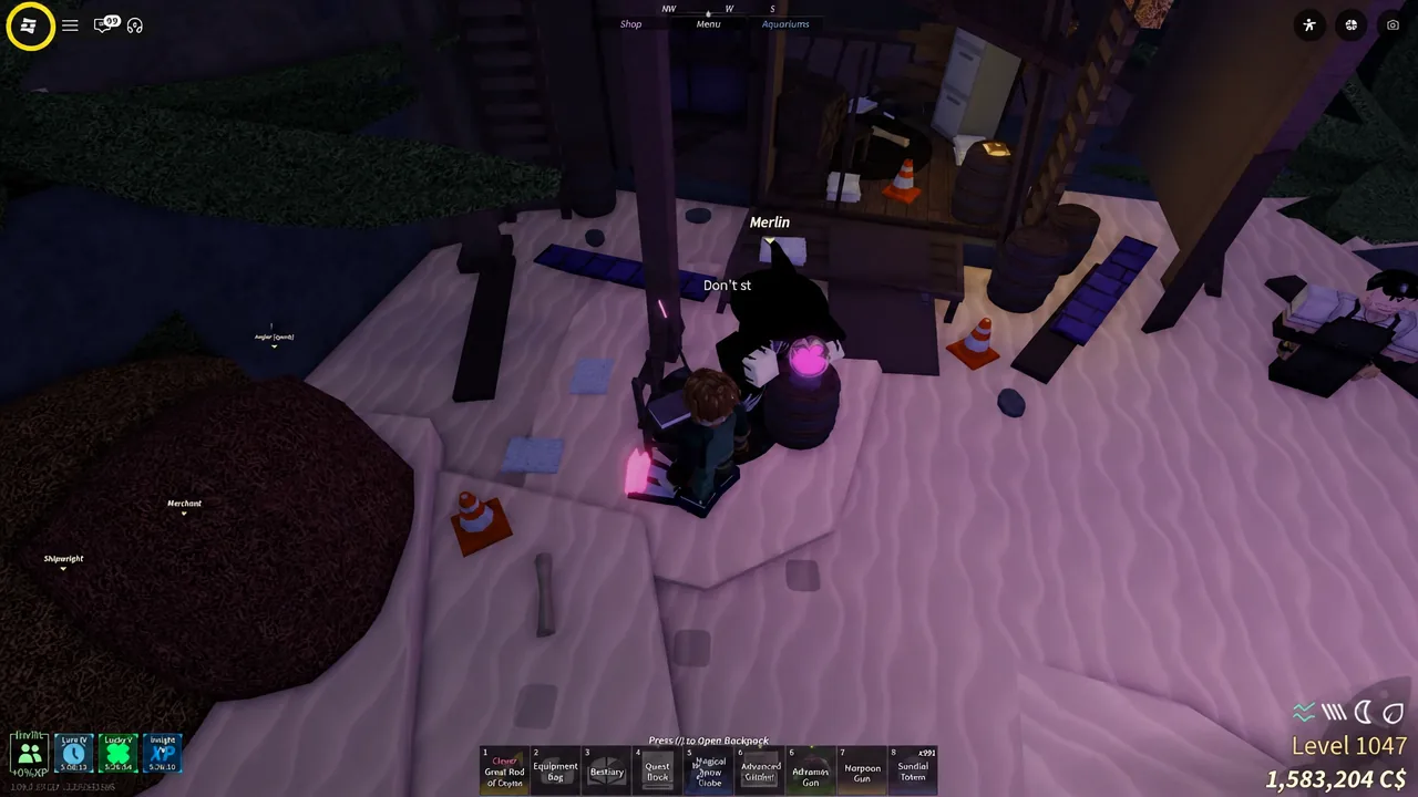 Merlin standing on Sunstone Island during the interaction that opens his potion shop