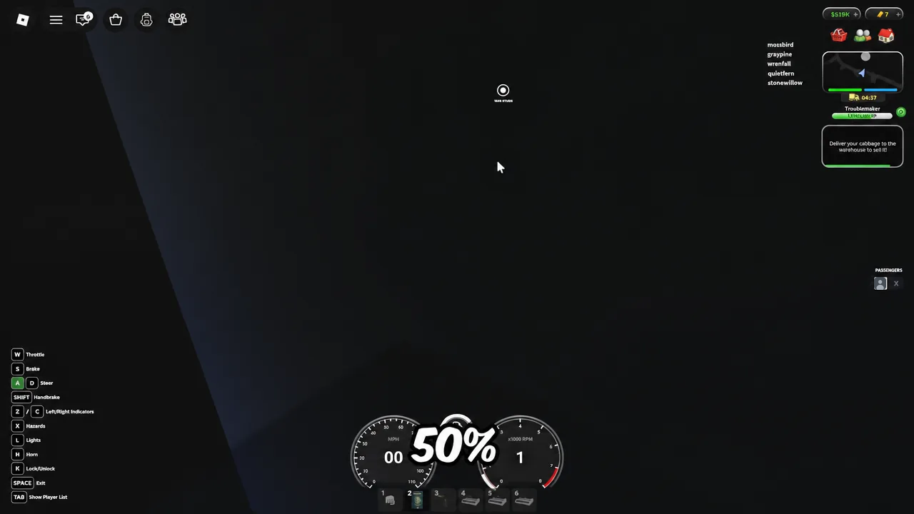 Delivery mission panel showing the cabbage objective at 50 percent progress while driving
