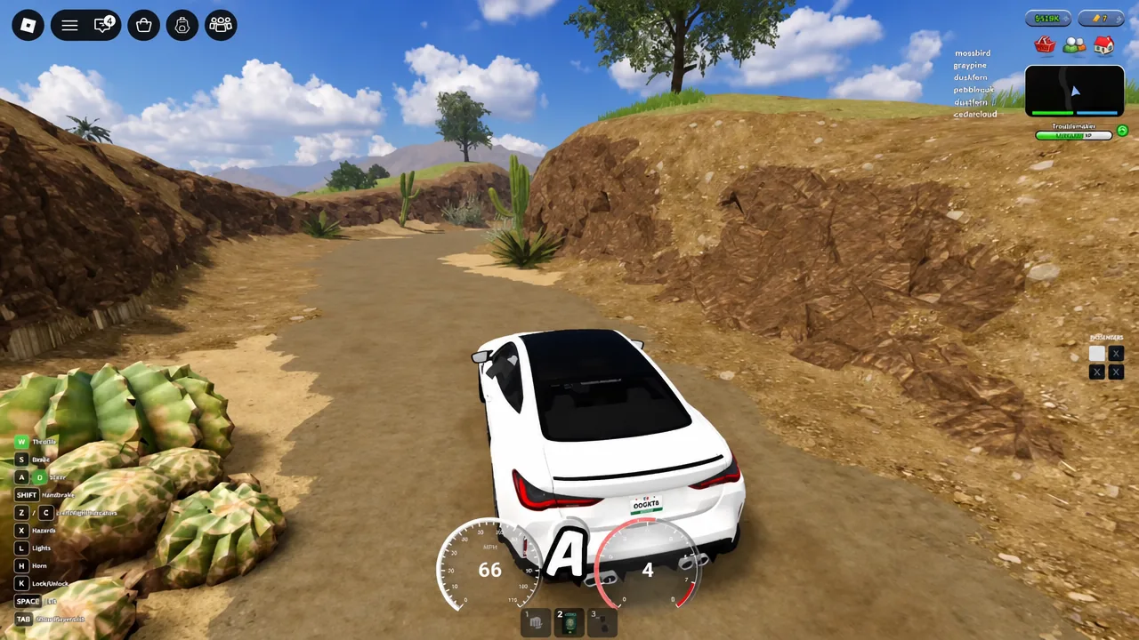 Player driving a white car down a dirt track toward the border tunnel entrance