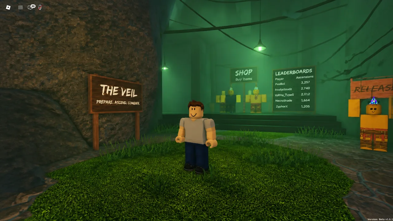 The Veil town hub with the Shop and Leaderboards boards visible ahead of the player