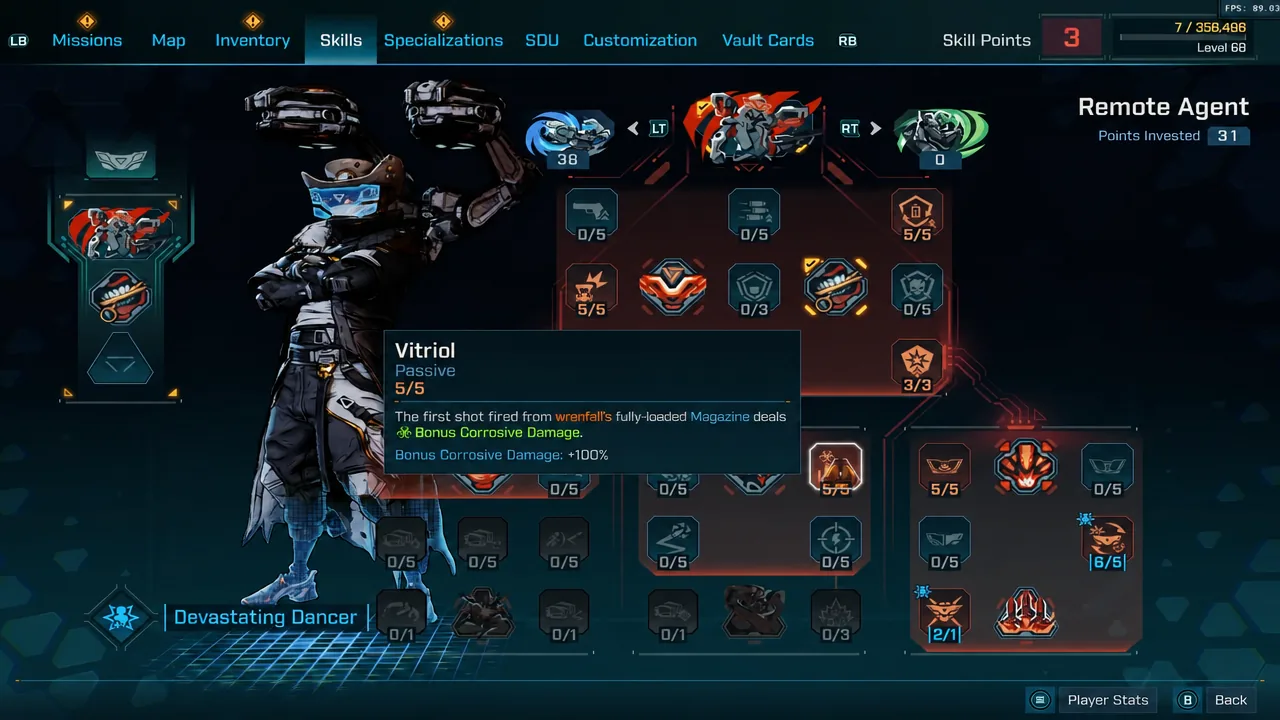 Rafa skills screen with Vitriol selected at 5/5 and its tooltip open