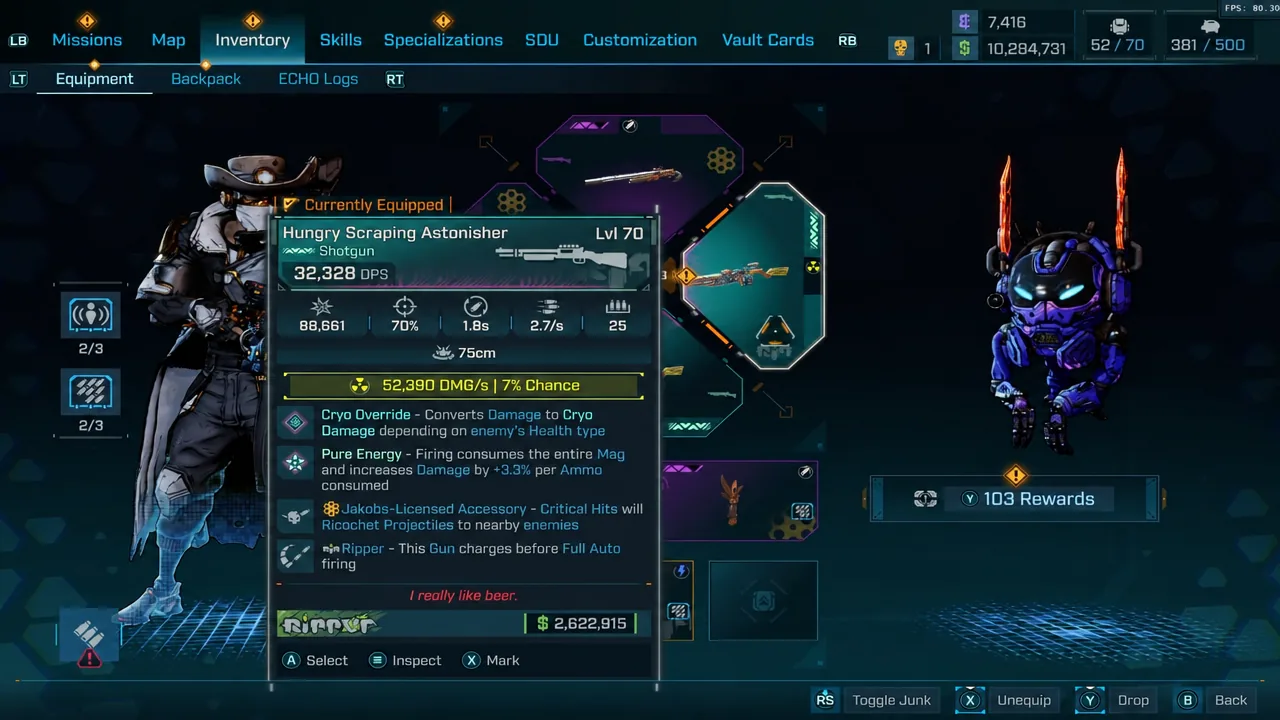 Inventory equipment screen showing the equipped Hungry Scraping Astonisher shotgun and its stats