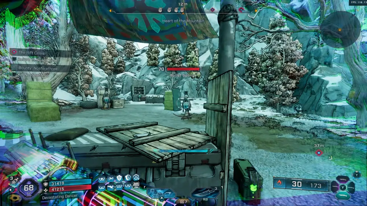 Rafa firing on a highlighted Bullet Sponge enemy during a bounty objective
