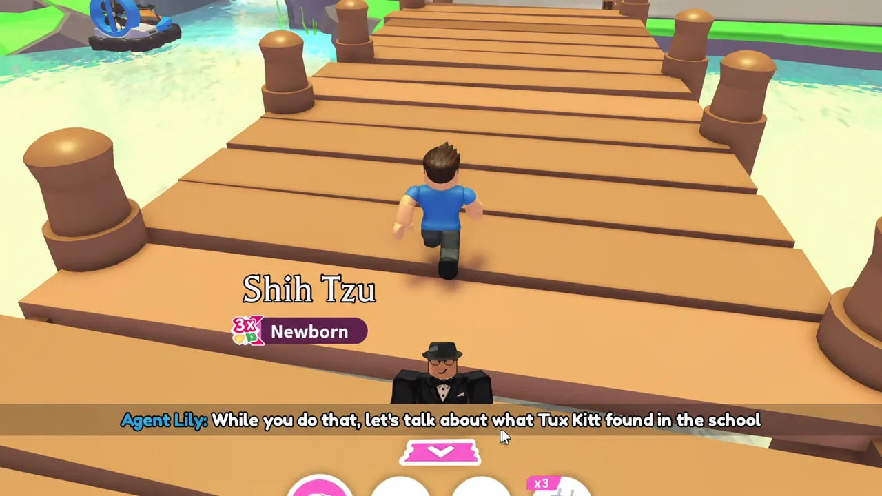 Player crossing a wooden bridge in Adopt Me with a Shih Tzu Newborn label and NPC dialogue on screen