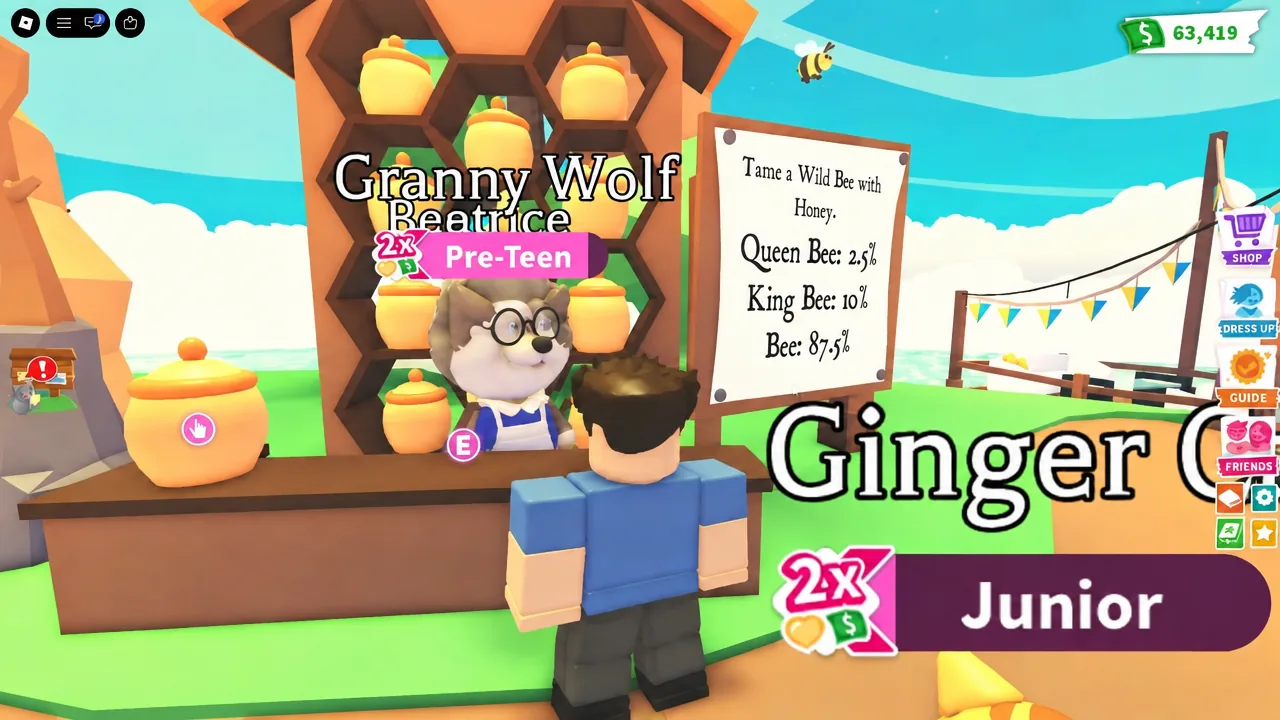 Highlighted E prompt at the honey stall for interacting with Beatrice to tame a wild bee with honey