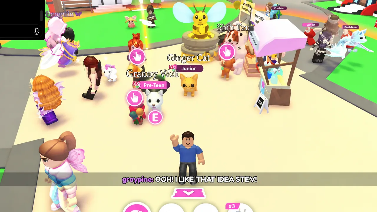 Pink interaction buttons and an E prompt appear as the player interacts with pets during NPC dialogue