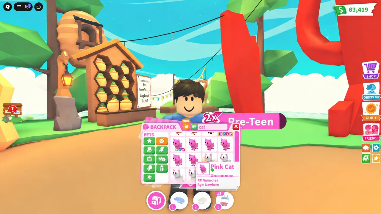 Adopt Me backpack menu open on the PETS tab with Pink Cat highlighted
