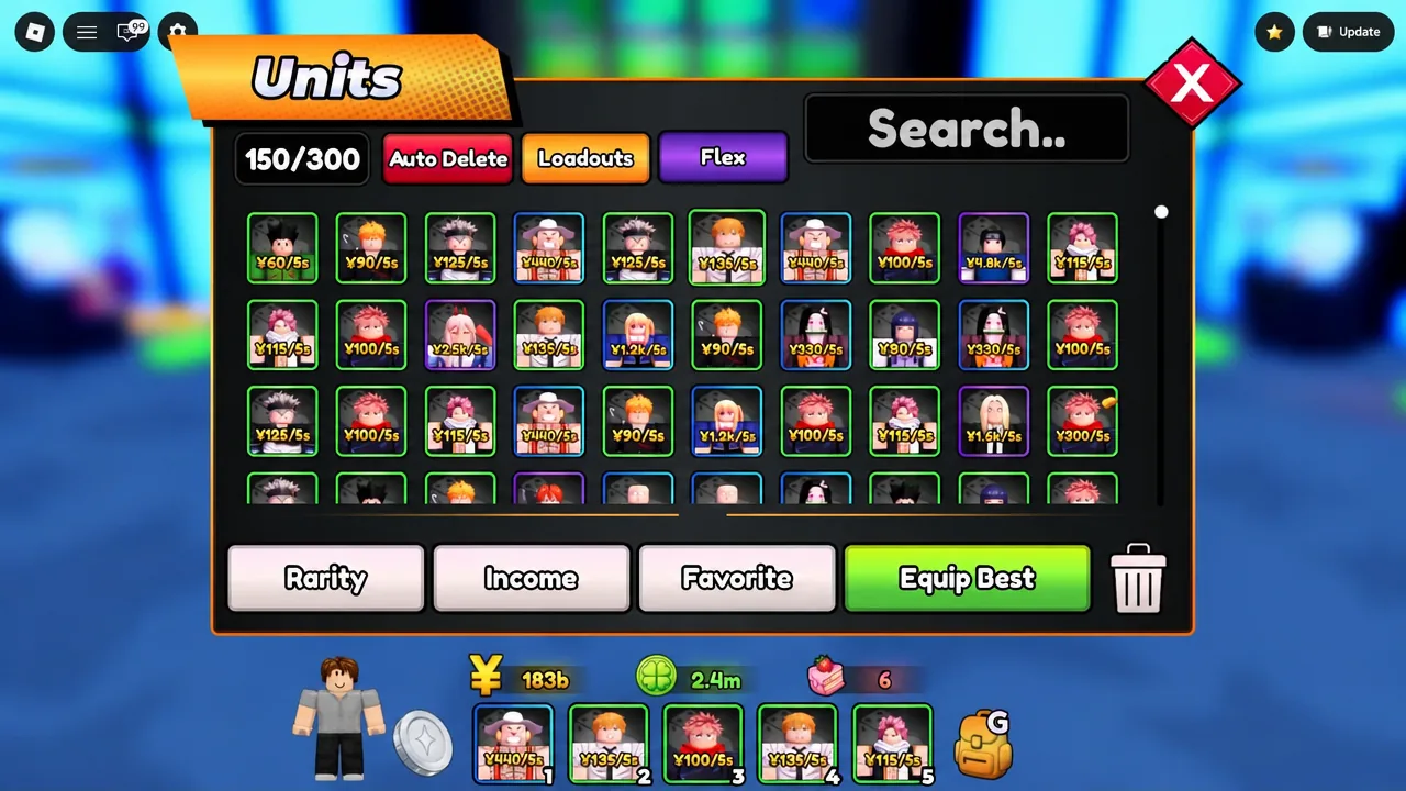 Units menu in Anime Jackpot with the green Equip Best button being pressed