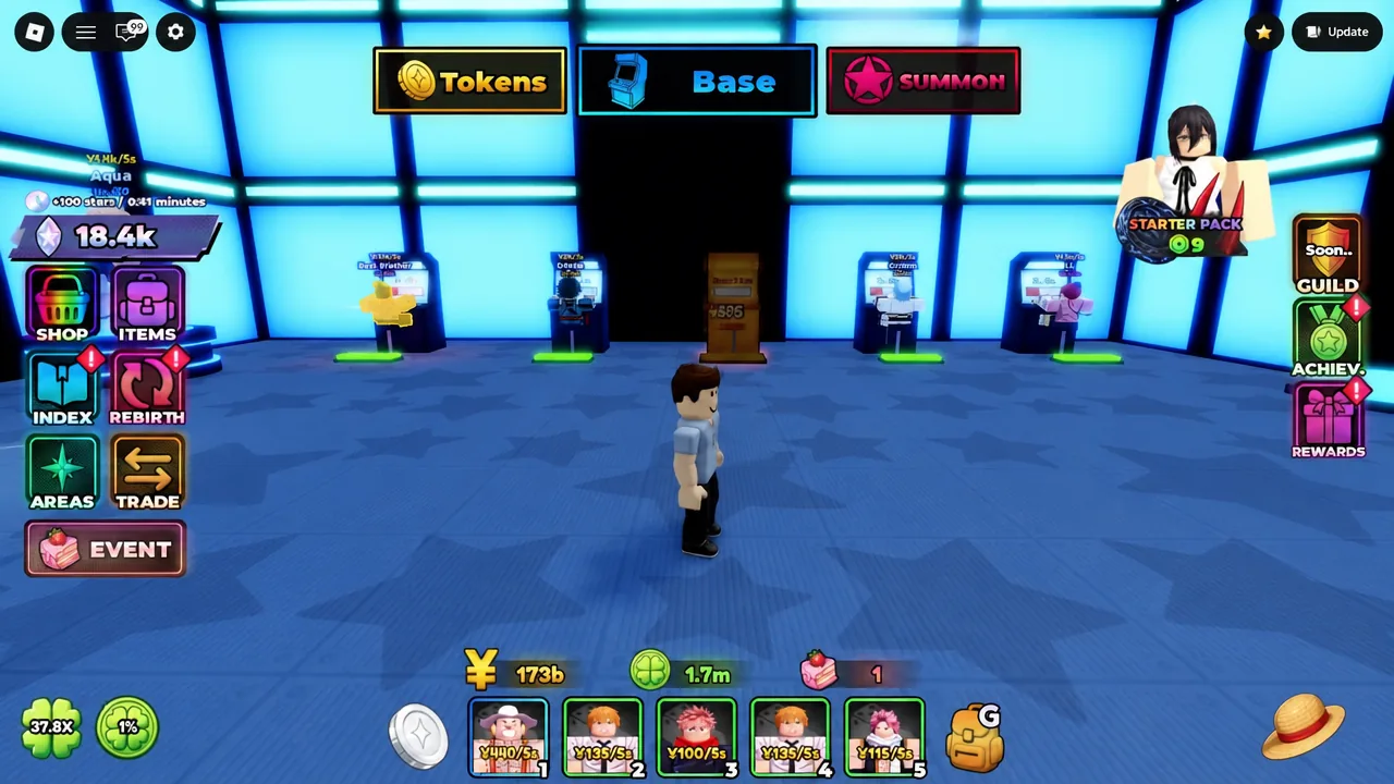 Anime Jackpot hub with the Tokens tab highlighted on the side menu