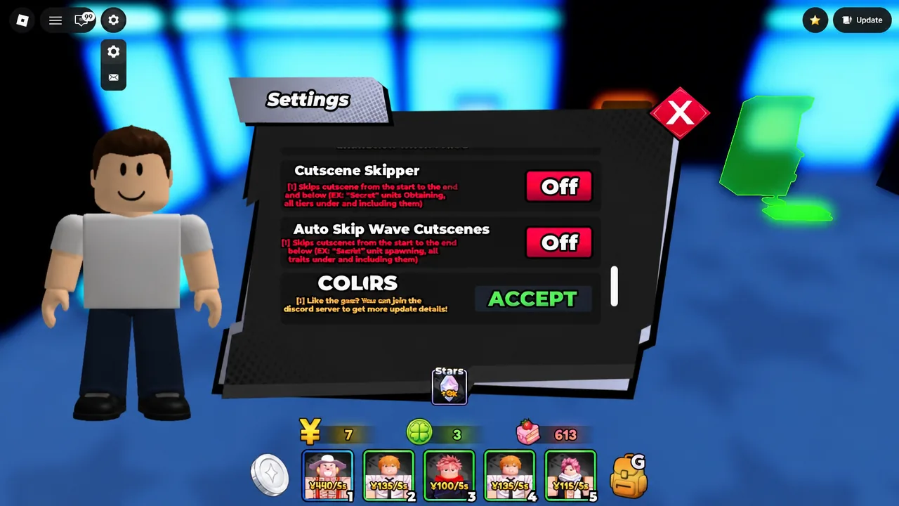 Anime Jackpot settings menu showing the Cutscene Skipper and Auto Skip Wave Cutscenes toggles