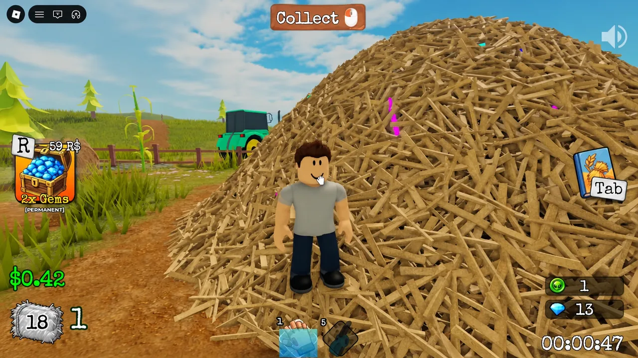 Collect button highlighted while the avatar gathers material from a pile