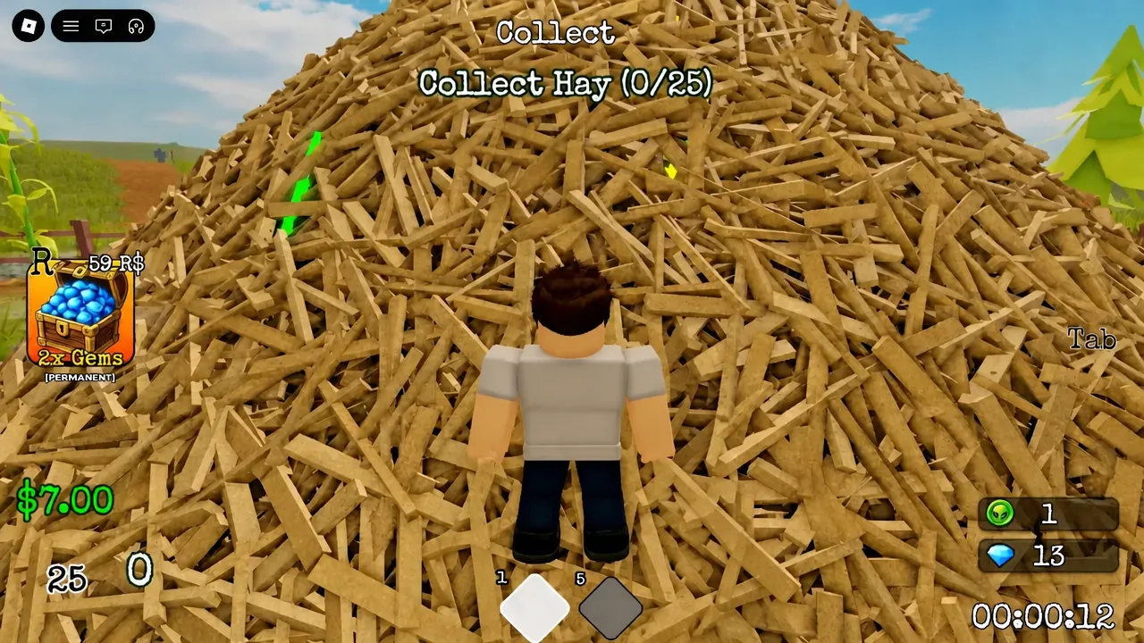 Farmhouse hay pile with the Collect Hay 0 of 25 objective tracker on screen