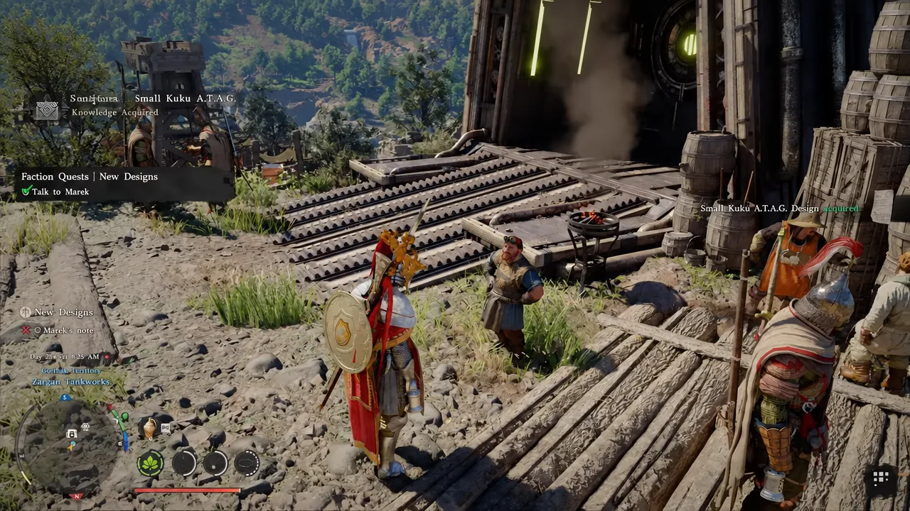 Quest tracker showing the New Designs faction quest with the Talk to Marek objective marked complete
