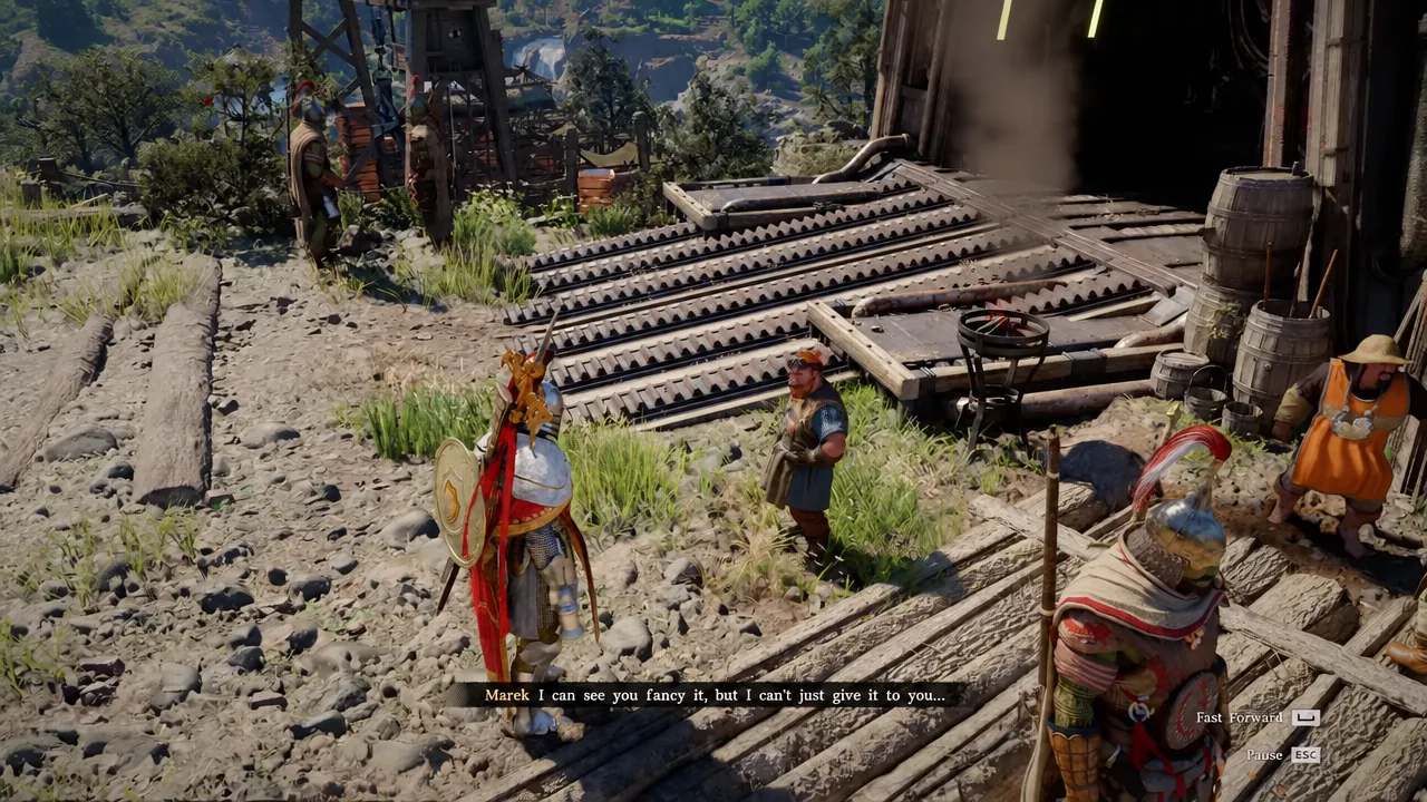 Marek speaking to Kliff in a dialogue scene with fast forward and pause prompts on screen