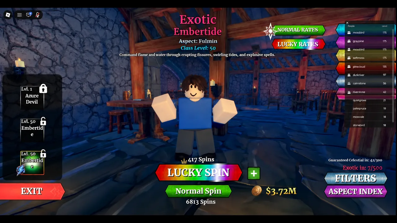 The Exotic Embertide class screen with the Lucky Spin button highlighted