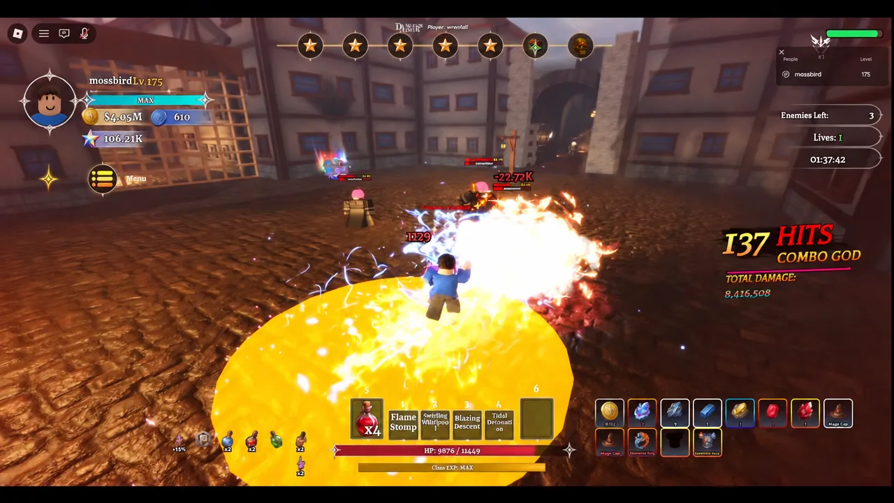 Embertide firing a flame area attack from the skill hotbar at a group of dungeon enemies