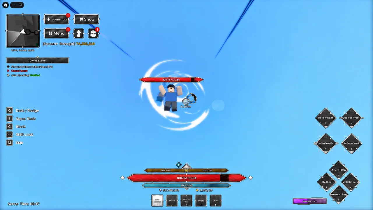 Jujutsu Zero quest screen for the Divine Flame collection quest tied to the Paragon node