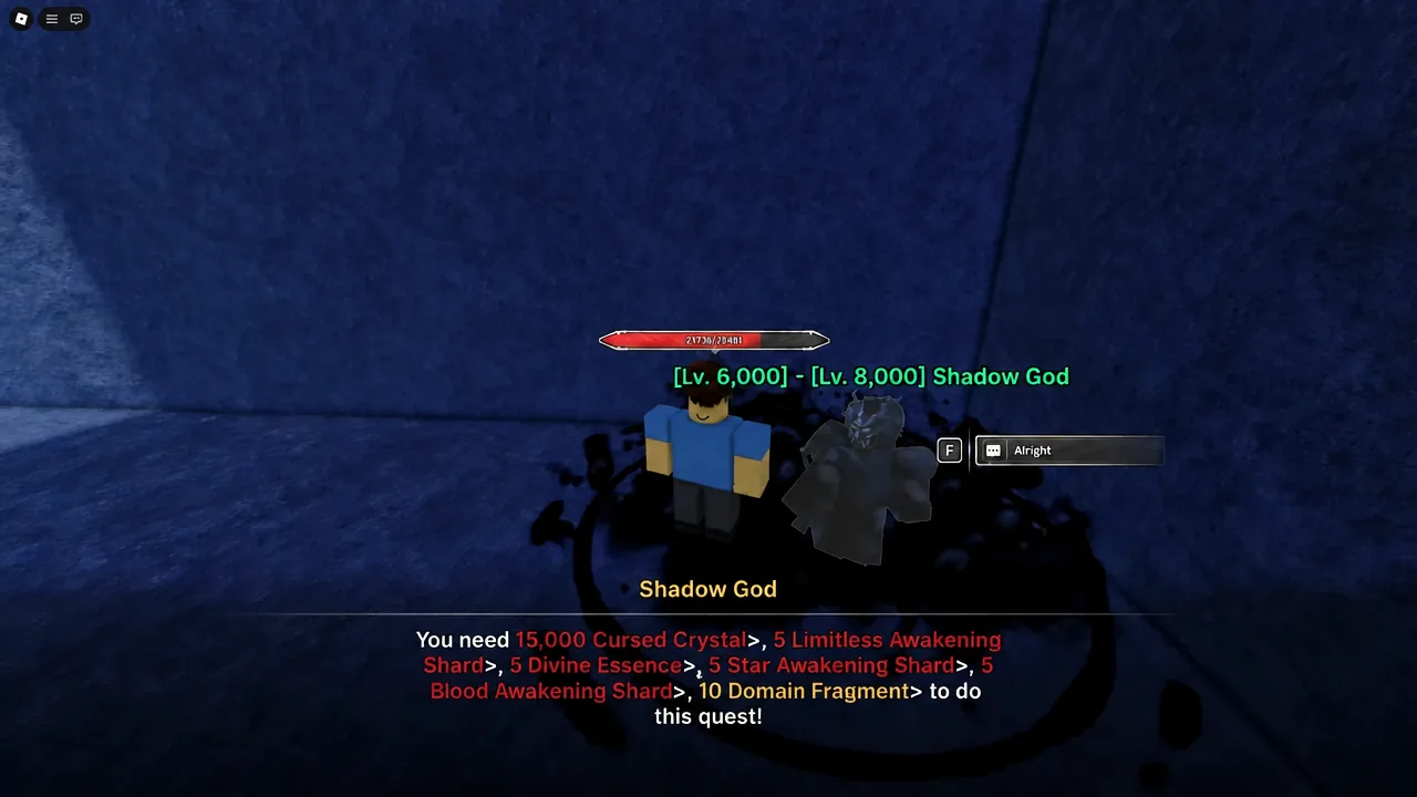 Shadow God quest window listing required exchange materials with the F Alright prompt highlighted