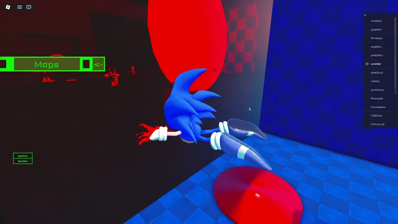 Blue Sonic character falling through the scene with the Mops menu selected