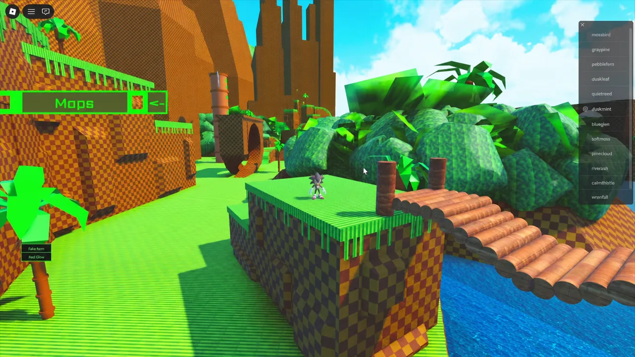The Mops menu open with the back-arrow button highlighted as the character stands on a platform