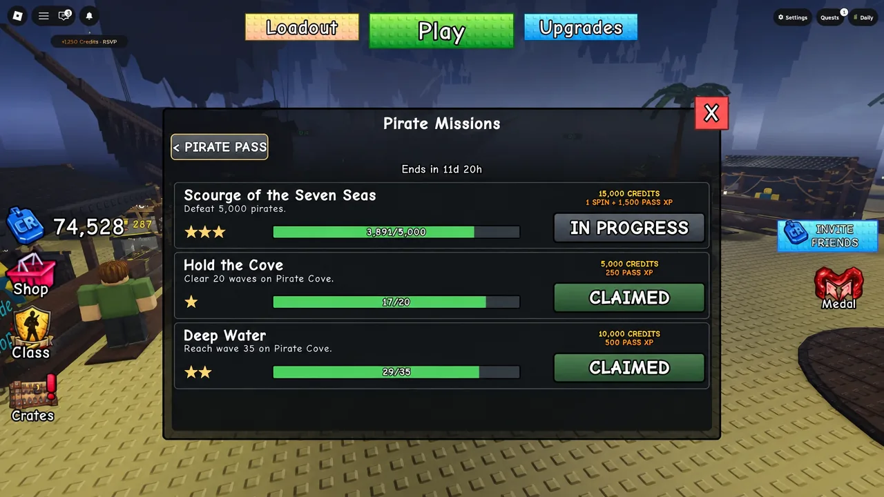 Pirate Missions screen with Scourge of the Seven Seas listed as in progress