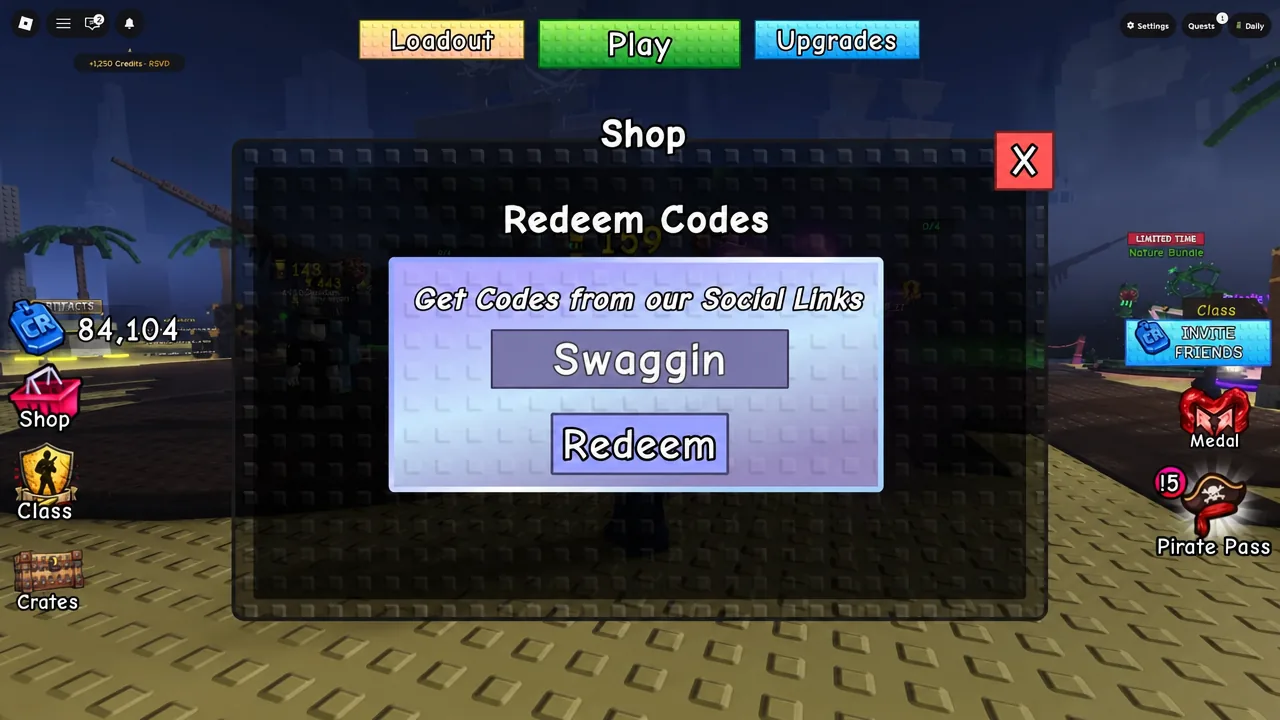 Shop code field filled with the Swaggin code next to the Redeem button