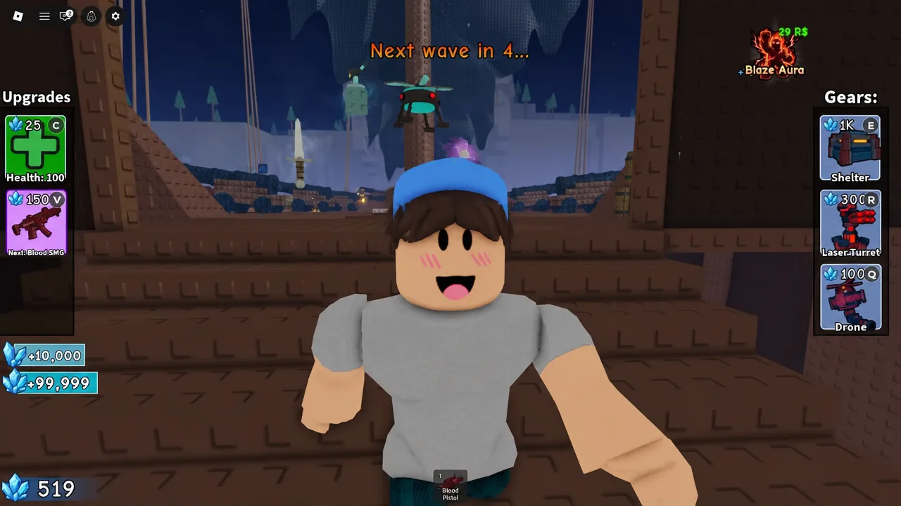 Upgrades menu open on the Blood SMG entry during a break between waves