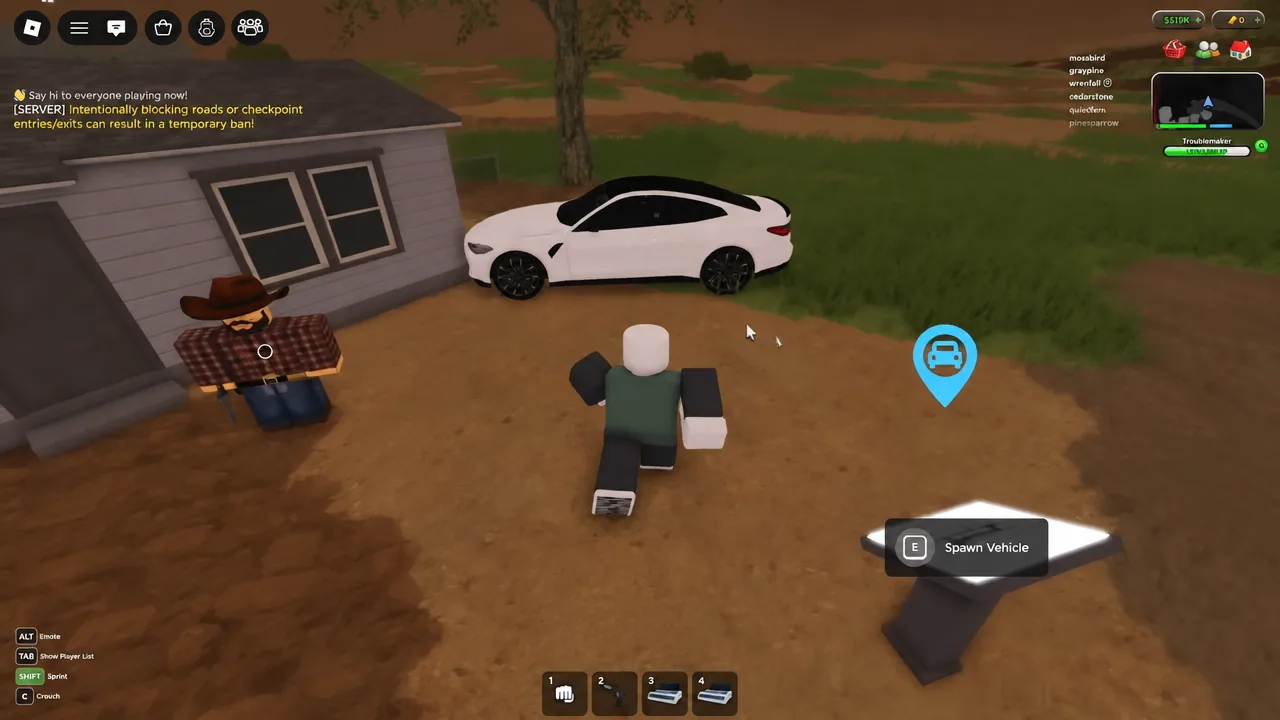 The E Spawn Vehicle prompt appears as the player walks up to a white car at the spawn point.