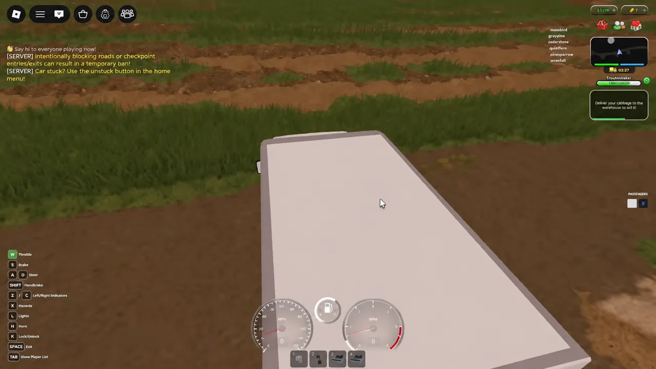 Driving the cabbage delivery truck toward the warehouse with the delivery objective panel on screen.