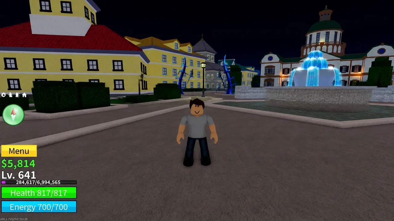 Blox Fruits gameplay view with the Menu button visible while standing in a town plaza