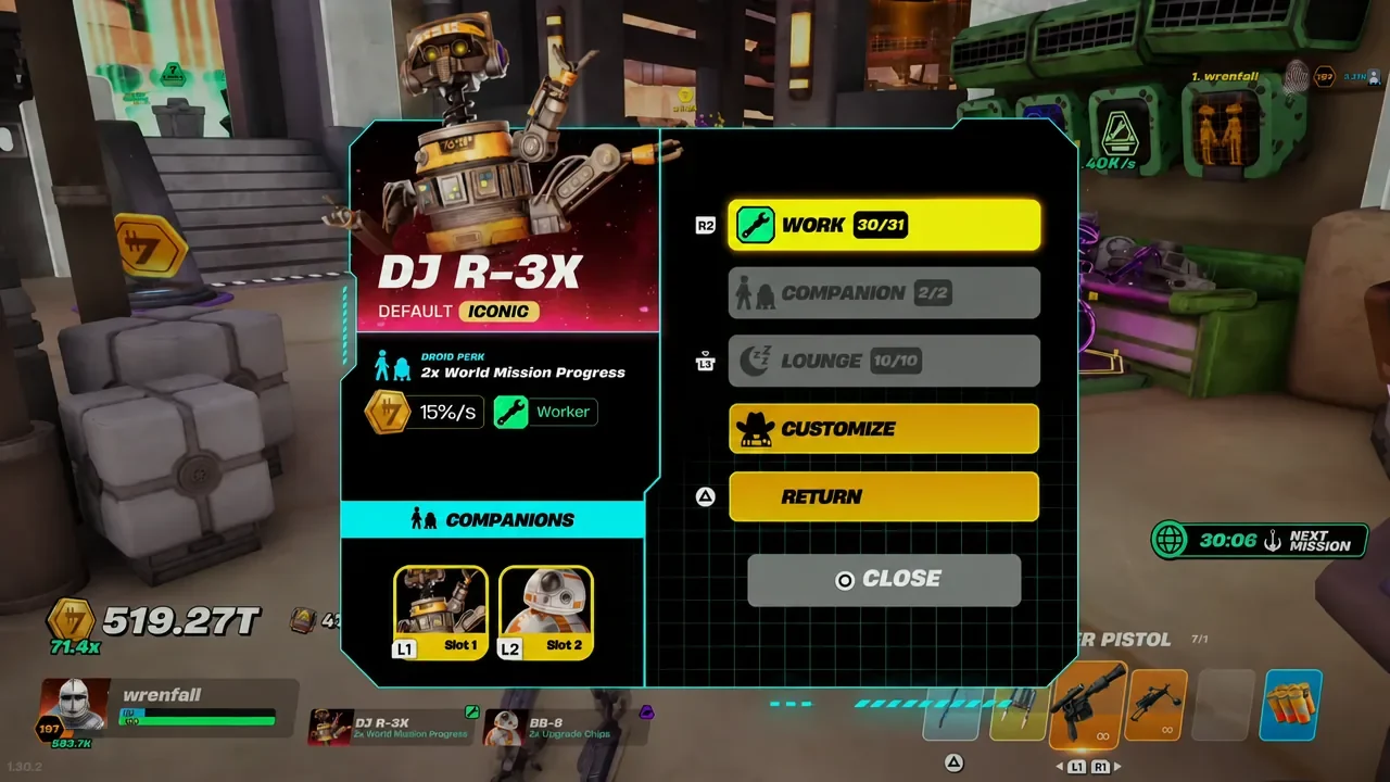 Companions menu showing DJ R-3X with its work progress at 30 out of 31