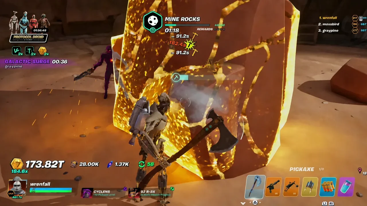 MINE ROCKS world mission objective active while the pickaxe breaks a gold rock