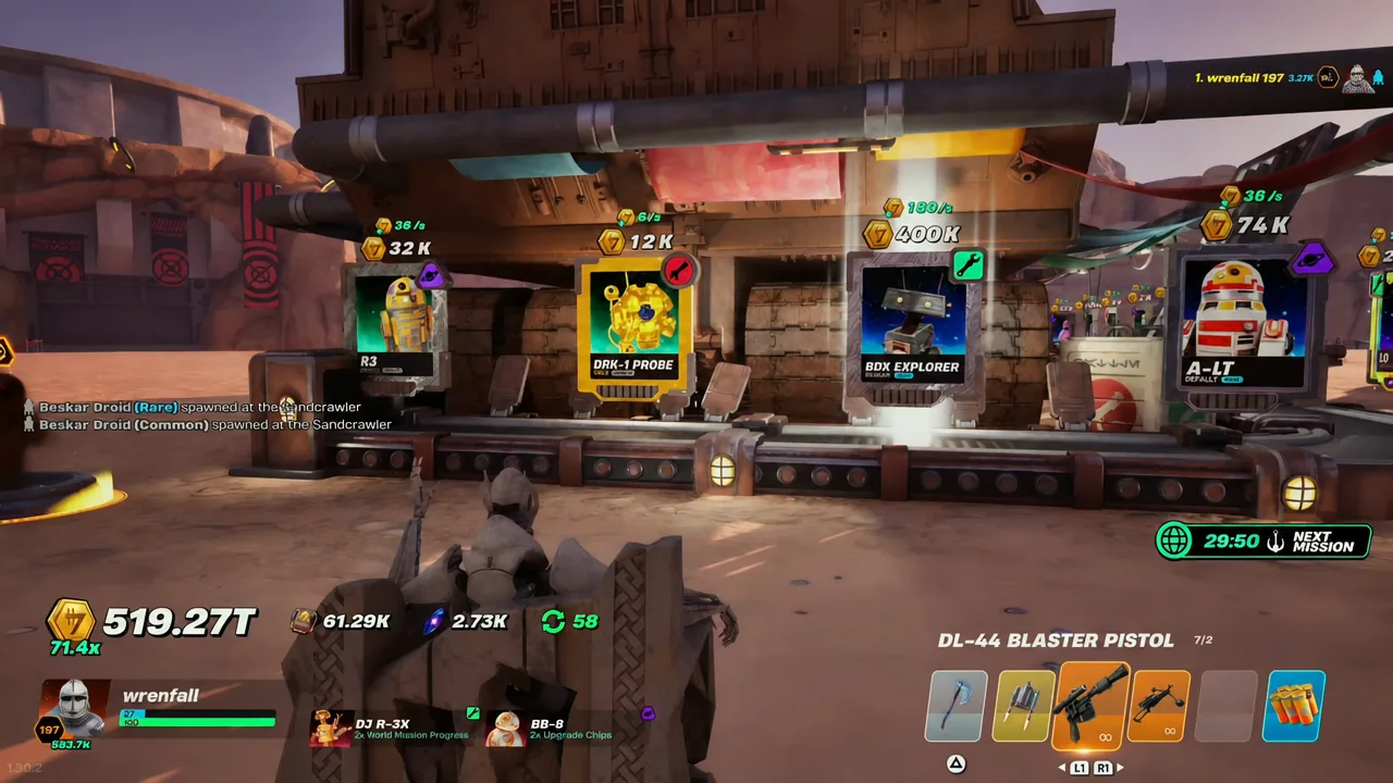 Star Wars Droid Tycoon Nova Shop core upgrades list including Pickaxe Mastery