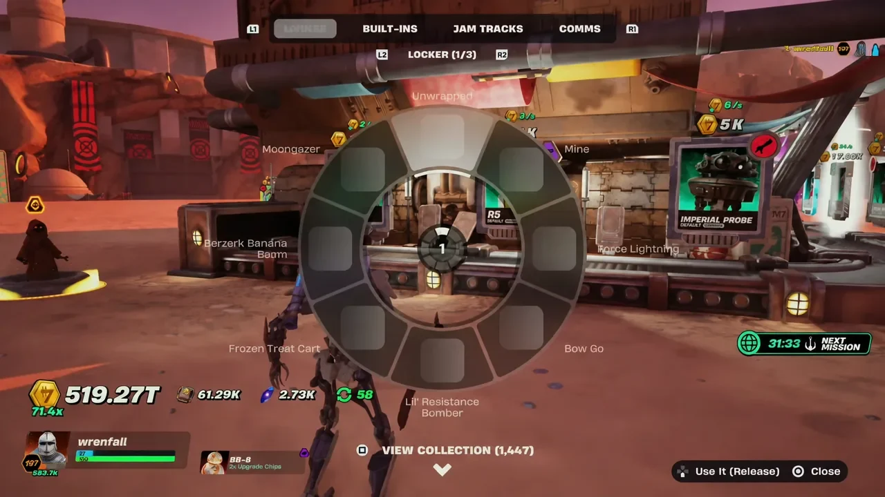 Fortnite emote wheel open in front of the droid upgrade stations in Star Wars Droid Tycoon