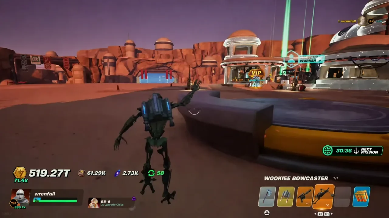 Player heading toward the Workshop with the Wookiee Bowcaster selected in the hotbar