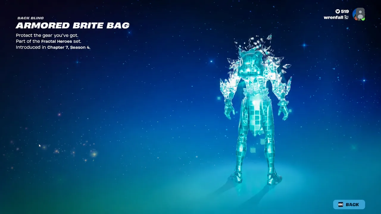 Armored Brite Bag back bling shown in the shop preview screen