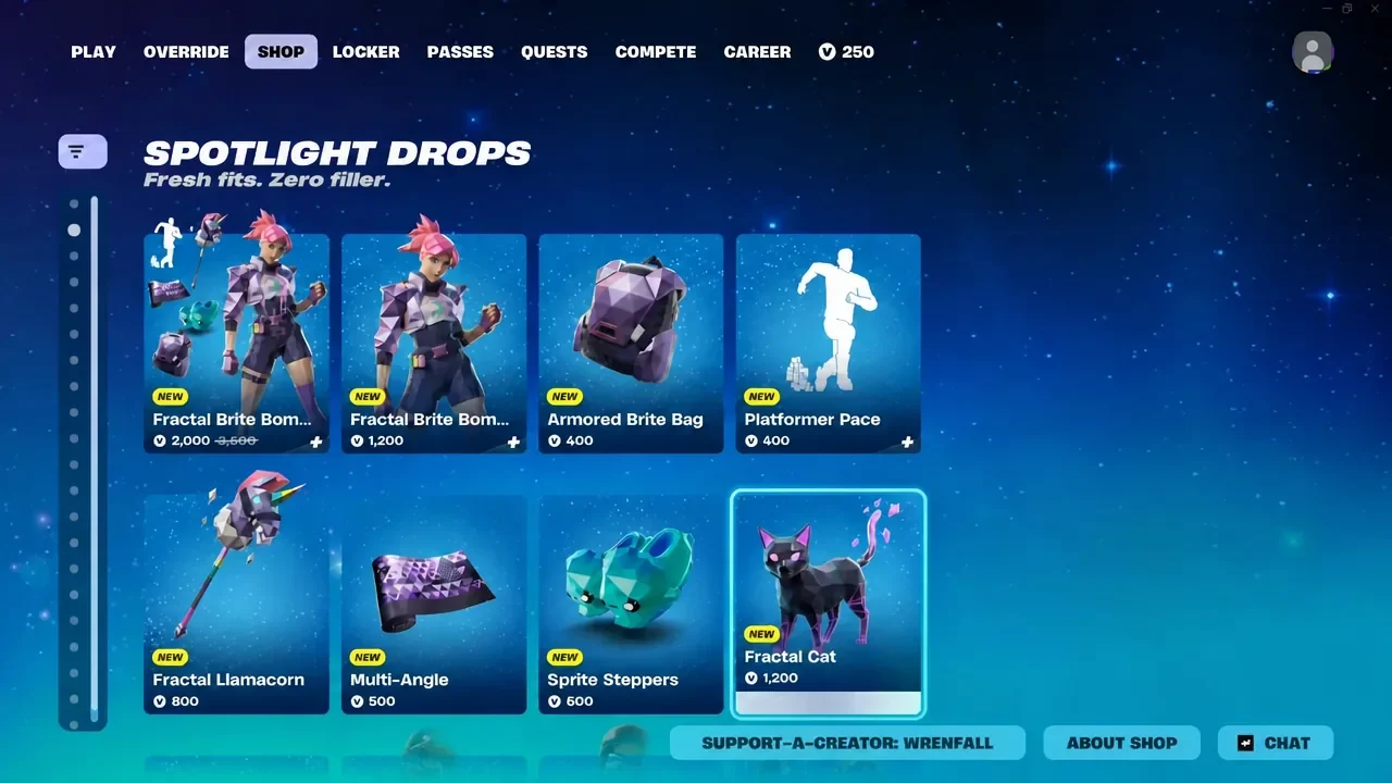 Fractal Cat highlighted in the Spotlight Drops row of the Fortnite Item Shop
