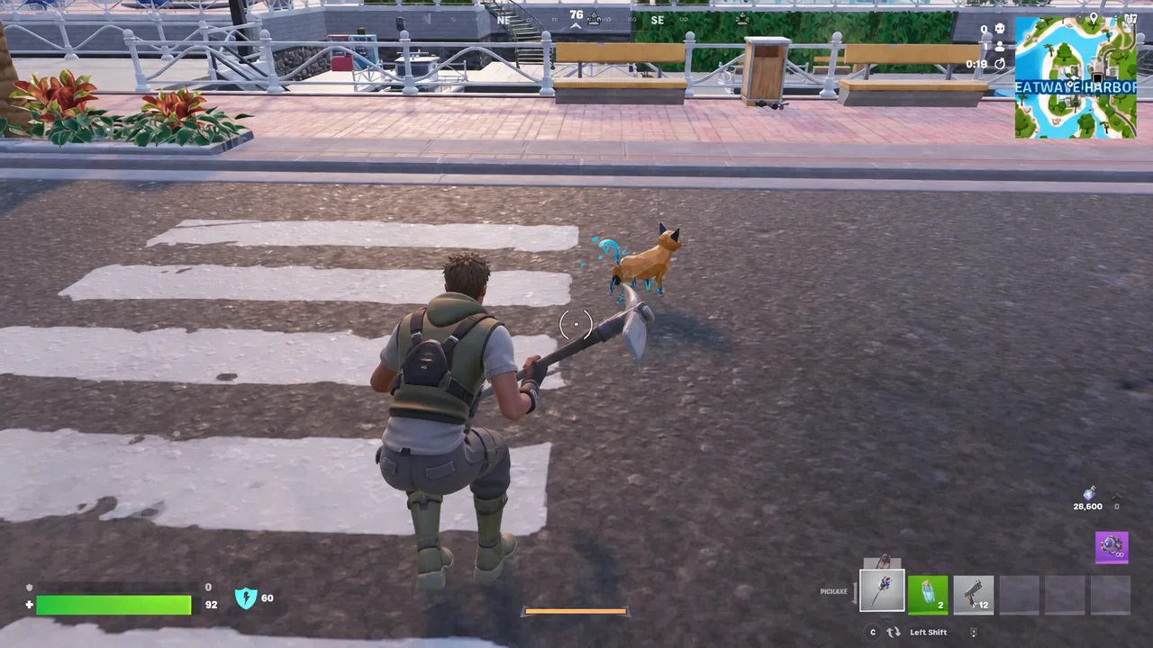 Fractal Cat sidekick sitting in its idle pose while the player emotes nearby
